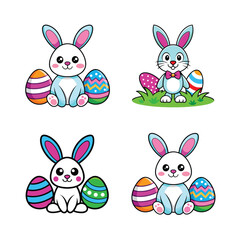 Adorable Easter Bunnies with Eggs Vector Illustration Set