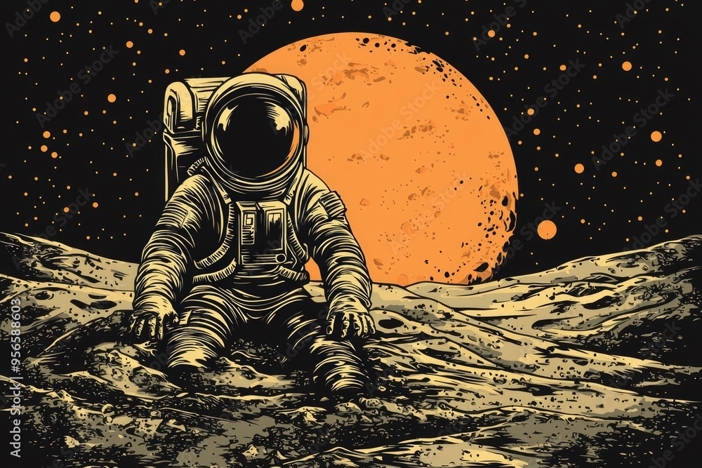 Poster an astronaut sitting on a cratered surface with a large planet in the background.