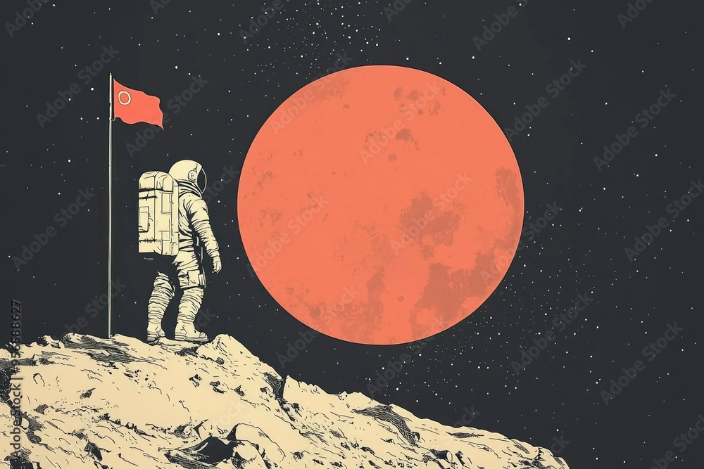 Poster astronaut standing on a rocky outcropping with a red planet in the background