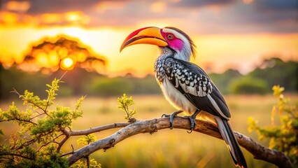 Fototapeta premium A majestic hornbill rests on a branch, its radiant plumage and curved beak basking in the warm, golden light of the savannah's tranquil afternoon.