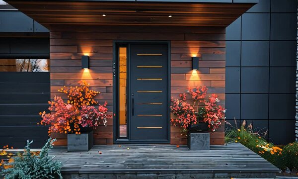 Modern House Entrance with Fall Foliage