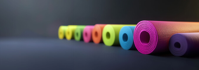 Colorful yoga mats rolled up in a row on a dark surface, representing fitness, wellness, and an active lifestyle in a modern and vibrant context.