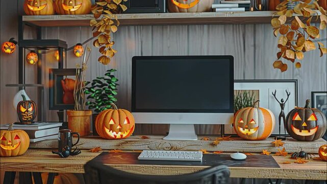 A spooky Halloween scene featuring a computer monitor displaying a glowing jack-o'-lantern, surrounded by festive pumpkins and string lights. 
