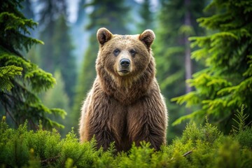 a massive brown bear stands tall in a lush forest clearing, her eyes scanning trees with quiet intent and a fierce maternal instinct.