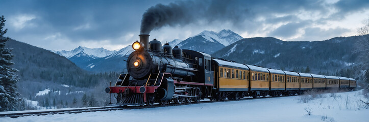 Obraz premium Steam locomotive traverses snowy mountain landscape. For travel, tourism, and transportation themes, evoking nostalgia and adventure in stunning natural settings.