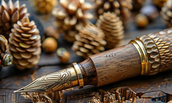 Luxury Wooden Fountain Pen on a Wooden Surface Surrounded by Pine Cones