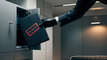 Business-suited arm removing "Top Secret" folder from office cabinet. corporate espionage, data theft, or insider threat. for cybersecurity, business crime, or corporate risk management themes.