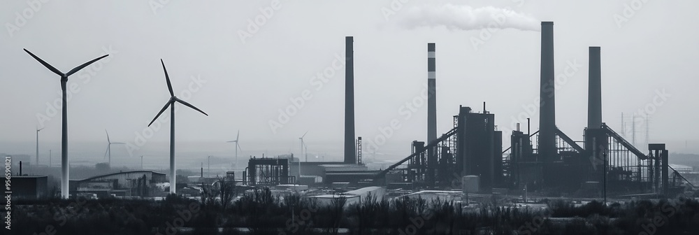 Poster Wind turbines stand tall next to abandoned coal mines and factories, illustrating the shift towards sustainable energy in a dreary environment. Generative AI