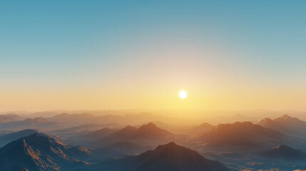 Fototapeta premium Alien planet landscape with glowing sun and mountains with fantastic rocks formations