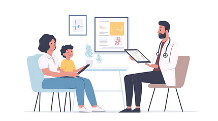 Doctor showing medical test results to mother and son on tablet in consultation room