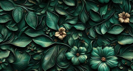 A seamless pattern of emerald green baroque leaves and floral swirls