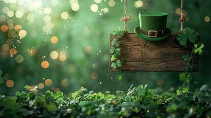 Green leprechaun hat is hanging on a wooden sign decorated with shamrocks in a magical forest for st. Patrick's day
