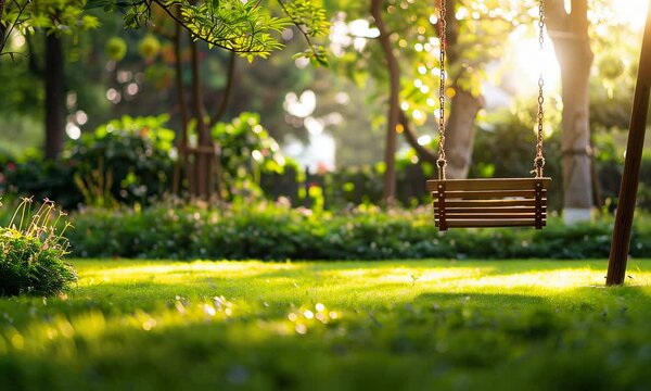 Empty wooden swing hanging in sunlit garden with lush green grass and trees