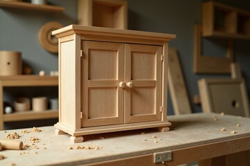 A small wooden cabinet on a rustic workbench with tools and other items
