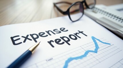 Close-up of expense report with pen and glasses on desk