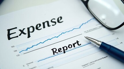 Expense report with pen and glasses on financial document