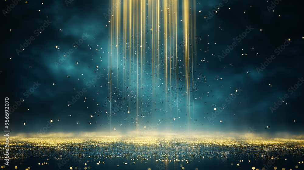 Poster an abstract sci-fi trophy with floating elements and golden light beams against a cosmic background
