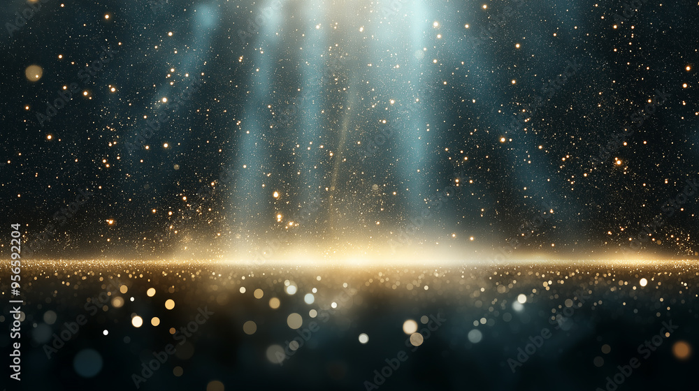 Poster an abstract sci-fi trophy with floating elements and golden light beams against a cosmic background