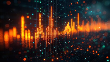 Fototapeta premium A stock market graph with orange and green lines, displaying an upward trend on the screen. 