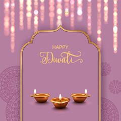 Diwali Festival sale banner with with lights, copper diya lamp and golden frame