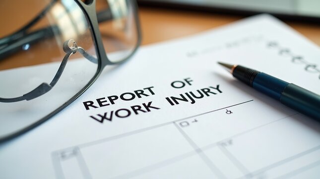 Work injury report form with pen and glasses on desk