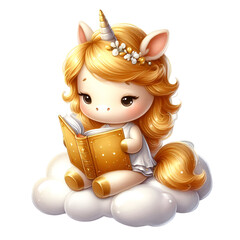 Cute Gold Unicorn Reading a Storybook Watercolor