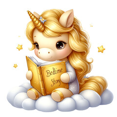 Cute Gold Unicorn Reading a Storybook Watercolor