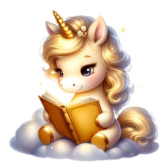 Cute Gold Unicorn Reading a Storybook Watercolor