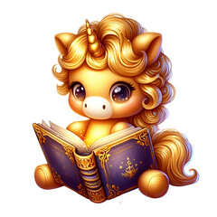 Cute Gold Unicorn Reading a Storybook Watercolor