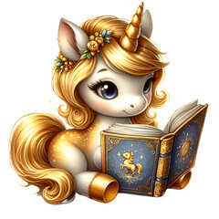 Cute Gold Unicorn Reading a Storybook Watercolor
