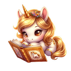 Cute Gold Unicorn Reading a Storybook Watercolor