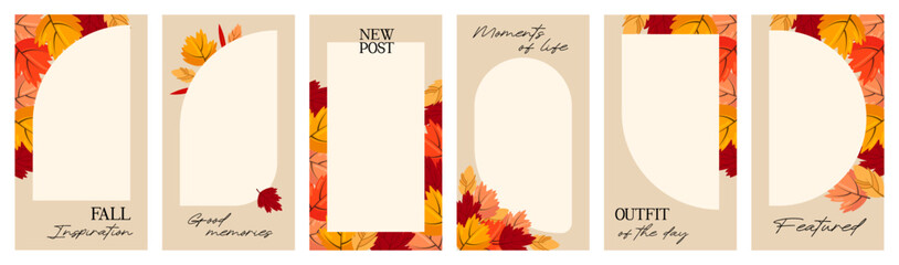 Autumn aesthetics social media story templates for influencer blog. Place for photo. Set of vector frames with bright autumn leaves.