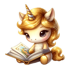 Cute Gold Unicorn Reading a Storybook Watercolor
