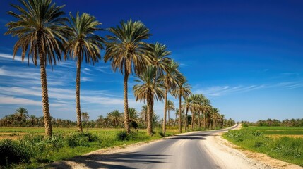 View of tall palm date trees standing beside a winding country road, their green fronds contrasting against a deep blue sky, capturing a serene landscape
