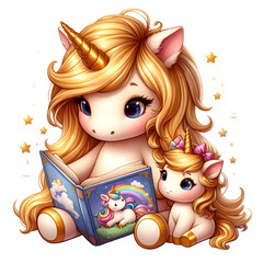 Cute Gold Unicorn Reading to a Baby Unicorn Watercol
