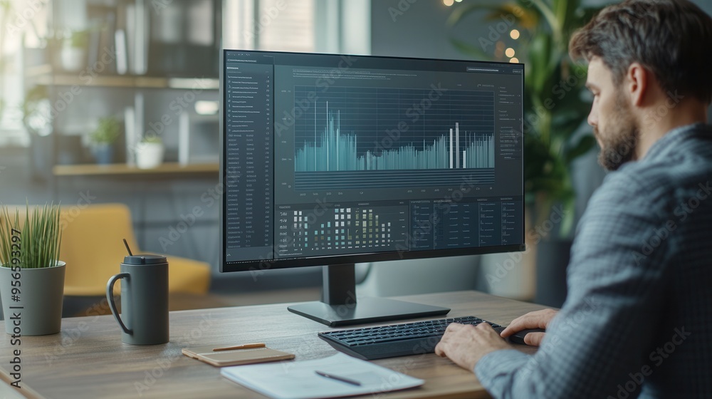 Aufkleber A focused professional reviews complex data on a large computer screen while seated at a tidy desk with essential tools nearby. Generative AI
