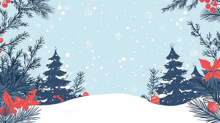 Fototapete Rund Featuring a snowy landscape with decorated Christmas trees, this image highlights a serene winter scene complete with ornaments, red berries, and snowflakes falling gently. © Barosanu