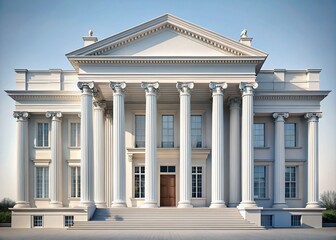 Obraz premium A neoclassical white building with columns rises majestically against a soft grey backdrop, its symmetrical design exuding timeless elegance and grandeur.