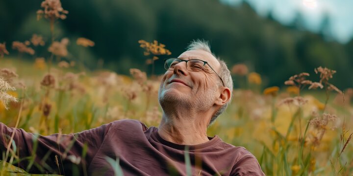 A man in a purple shirt is seen reclining in a flowering field of wildflowers, against a backdrop of lush green hills and a clear sky, capturing a moment of peace and solitude.