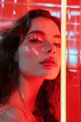 Stunning brunette model with glowing makeup poses under red neon lights, exuding beauty and glamour. Perfect for beauty product ads