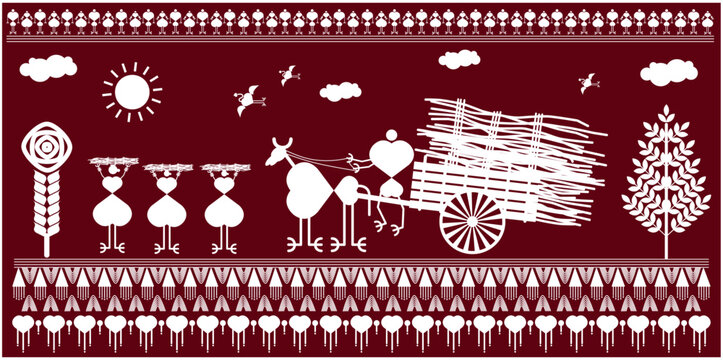 warli painting, A tribal woman is walking through a wood-picking path, warli atr there are clouds in the sky, birds, sun, open sky, a ox cart is passing through the path, there is a dense forest nearb