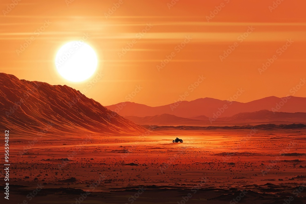 Poster a lone vehicle traversing a desolate red planet under a setting sun
