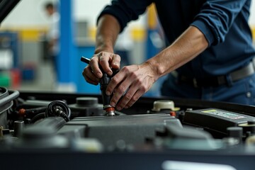 A person tinkers with a vehicle's motor in a garage setting