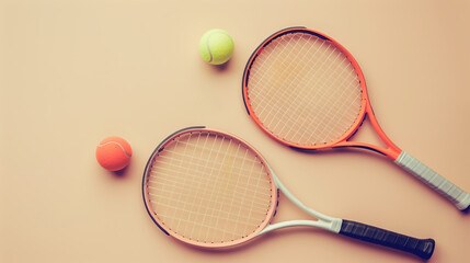 Two tennis rackets and balls are lying on a pastel surface, suggesting a friendly match or a training session