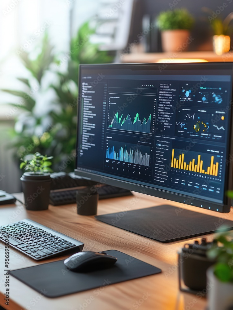 Poster an expert is focused on the monitor, analyzing data while surrounded by plants, a keyboard, a mouse,