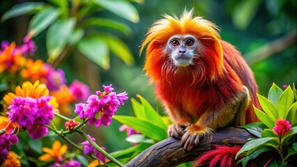 A primate's bright red fur glistens in sunlight, its expressive eyes shining brightly as it perches on a branch amidst lush green forest and blooming flowers.
