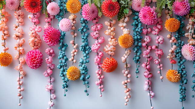 The beads are of different sizes and colors, including pink, orange, blue, and turquoise. The flowers are arranged in a way .