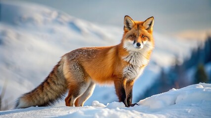 A rare, striking-red fox with a slender build and bushy tail stands out against a snowy landscape, surveying the area with piercing gaze.