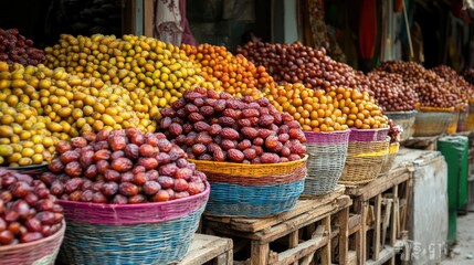 Obraz premium A traditional market stall selling fresh dates, with piles of the fruit displayed in colorful baskets.