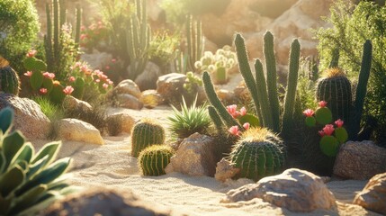 A variety of cacti with different shapes and sizes growing together in a desert garden, with the bright sun casting shadows across the sandy terrain